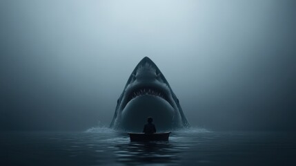 Naklejka premium Small boat with a lone figure facing a massive, open-mouthed shark in a dark, misty sea, creating a sense of impending danger and vulnerability