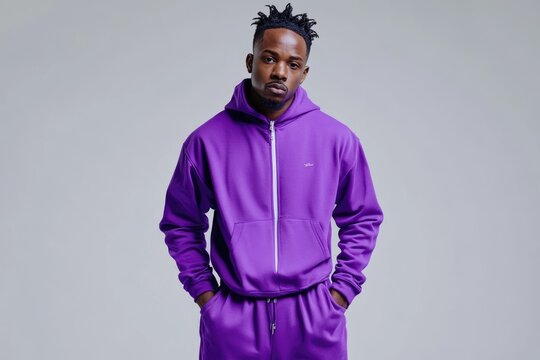 Hip hop style of young black man wear purple set of tracksuit isolated on gray background - Powered by Adobe