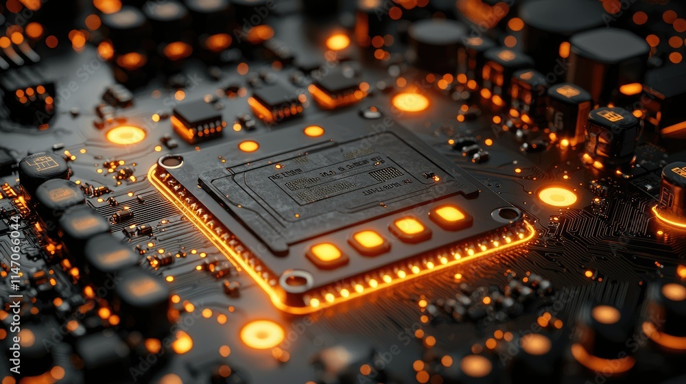 Poster close-up of a circuit board with glowing components, emphasizing technology and design.