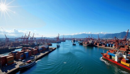 Aerial View of Industrial Harbor with Cargo Ships and Cranes