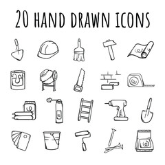 Obraz premium Black and white set of icons of construction, repair, tools and materials. Vector signs and symbols for design, banner, website, decoration