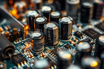 Electrolytic capacitors and resistors are soldered to a green circuit board, illuminating the components of modern electronics
