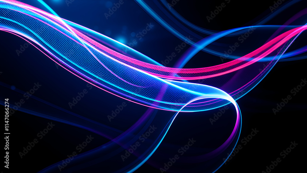 Poster flowing holographic curves forming abstract patterns with hints of rainbow colors on a dark futurist