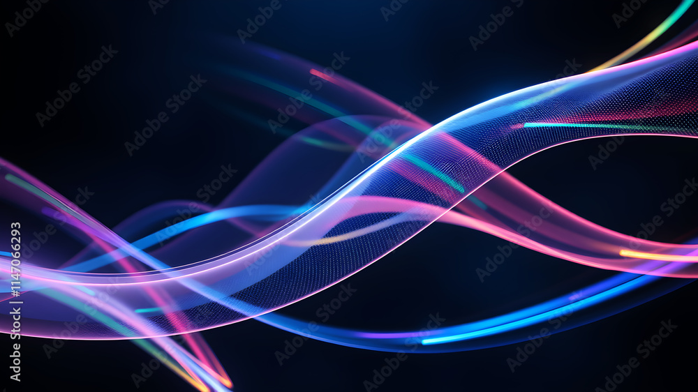 Poster flowing holographic curves forming abstract patterns with hints of rainbow colors on a dark futurist