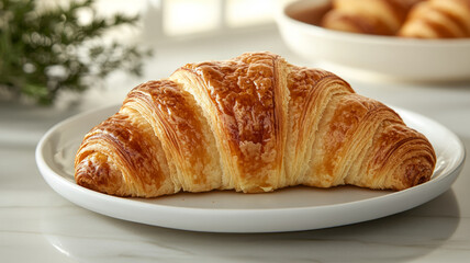 Golden croissant on a white plate with blurred background.