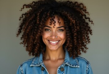 A young woman with curly hair smiles brightly, wearing a denim jacket.