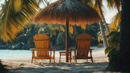 Obraz premium Serene Beach Scene with Palm Umbrella and Adirondack Chairs