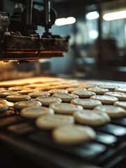 Cookies being baked on an industrial conveyor belt.