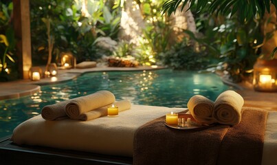Obraz premium Serene spa scene: pool, candles, towels, relaxation.