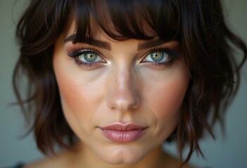 Fototapeta premium Close-up portrait of a woman with blue eyes and short brunette hair.
