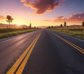Fototapeta premium Sunrise paints vibrant hues across rural asphalt highway , tranquil, freedom