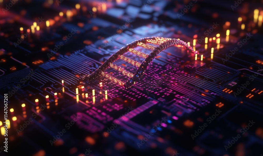 Poster digital bridge connecting circuits, vibrant neon lights illuminating intricate circuitry, abstract t