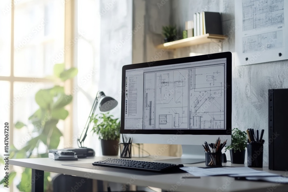 Poster modern engineering desk setup featuring a computer monitor with blueprints and a well lit workspace.
