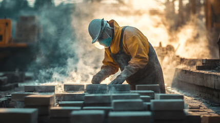 Worker in Protective Gear Operating in a Smoky Industrial Environment