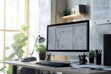 Modern engineering desk setup featuring a computer monitor with blueprints and a well lit workspace. Generative AI