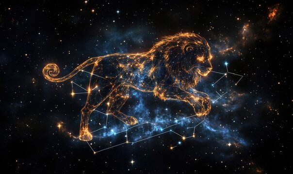 Leo constellation depicted in cosmic space, glowing lion figure among stars and nebulae, vibrant celestial background