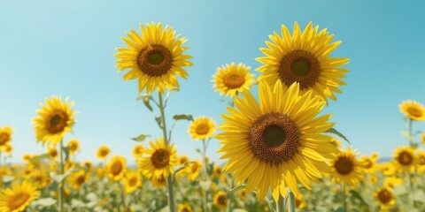 Fototapeta premium Vast field of vibrant yellow sunflowers in full bloom, sunny day, rural, landscape