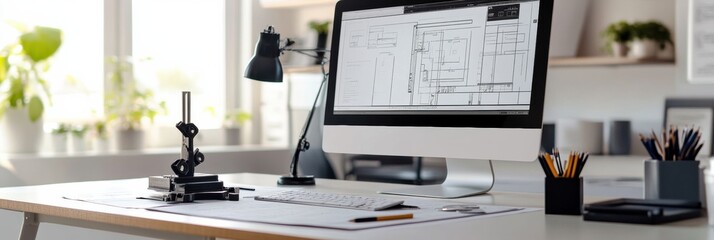 Modern engineering desk setup with architectural plans and bright natural light. Generative AI