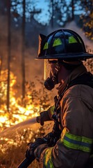 Obraz premium Firefighter battling wildfire in dense forest during sunset hours with flames illuminating the surroundings