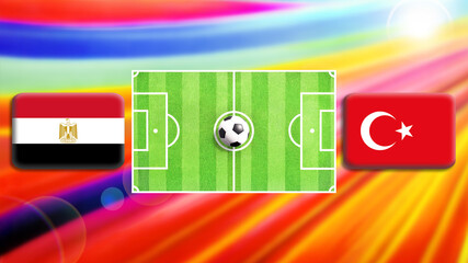 Egypt and Turkey flag on soccer field with ball.Football match concept against multicolored abstract background.Copy space for text.