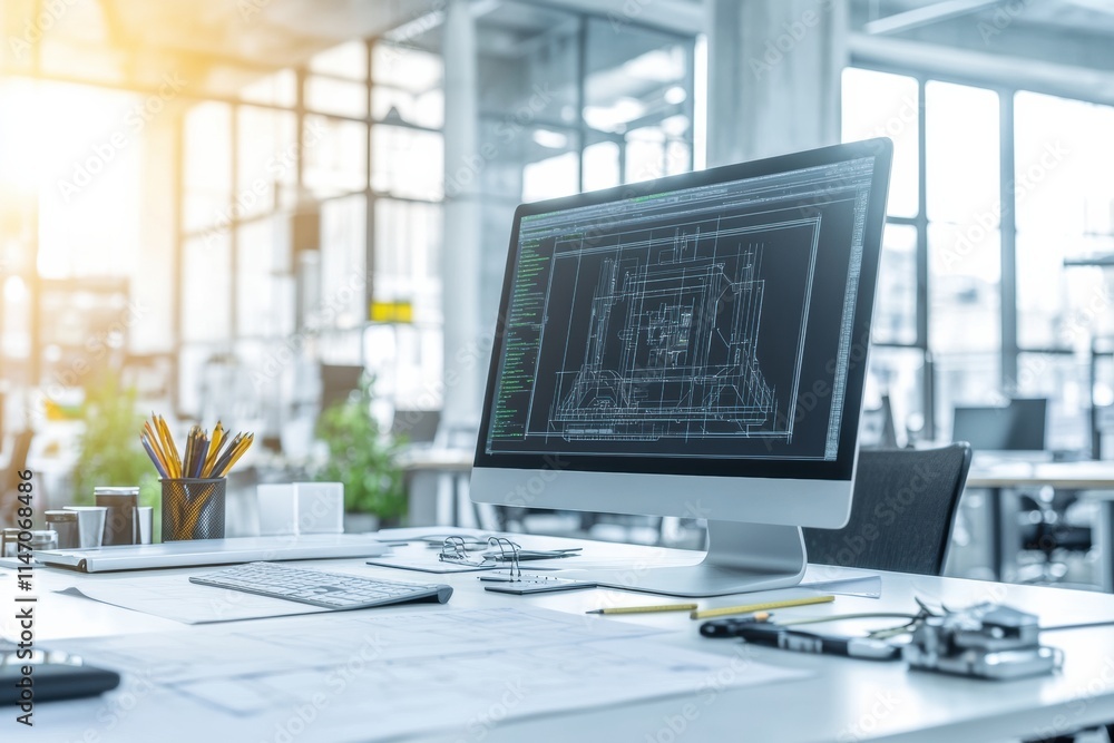 Poster modern engineering desk featuring a computer with technical drawings and workspace items in a bright