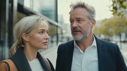 Obraz premium Couple's Conversation on City Street