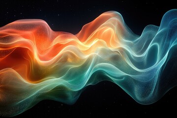 Fototapeta premium Abstract art depicting flowing, luminous waves of orange, teal, and gold against a dark background.