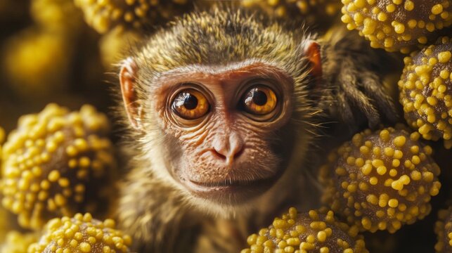 Monkey pox virus, a new world problem of modern humanity. Close-up of the hands of a sick person with pimples and blisters. Smallpox vaccine.