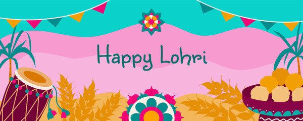  Happy Lohri Festival in Punjab. Indian traditional holiday. Horizontal template with holiday attributes. Flat illustration
