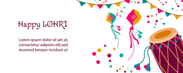 Happy Lohri Festival in Punjab. Indian traditional holiday. Horizontal template with holiday attributes. Flat illustration on a white background