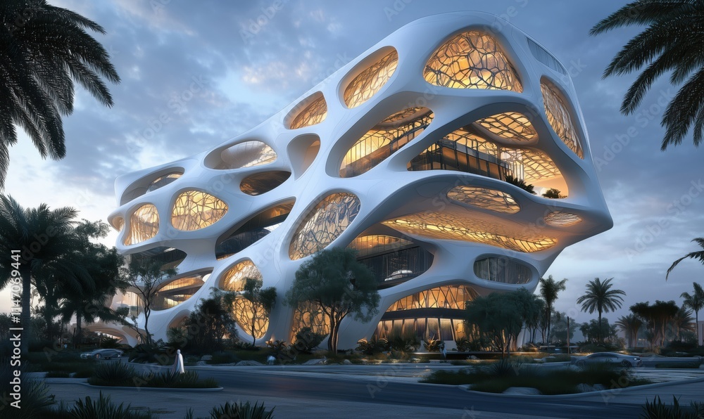 Poster futuristic architectural design featuring organic shapes and intricate patterns, illuminated at dusk