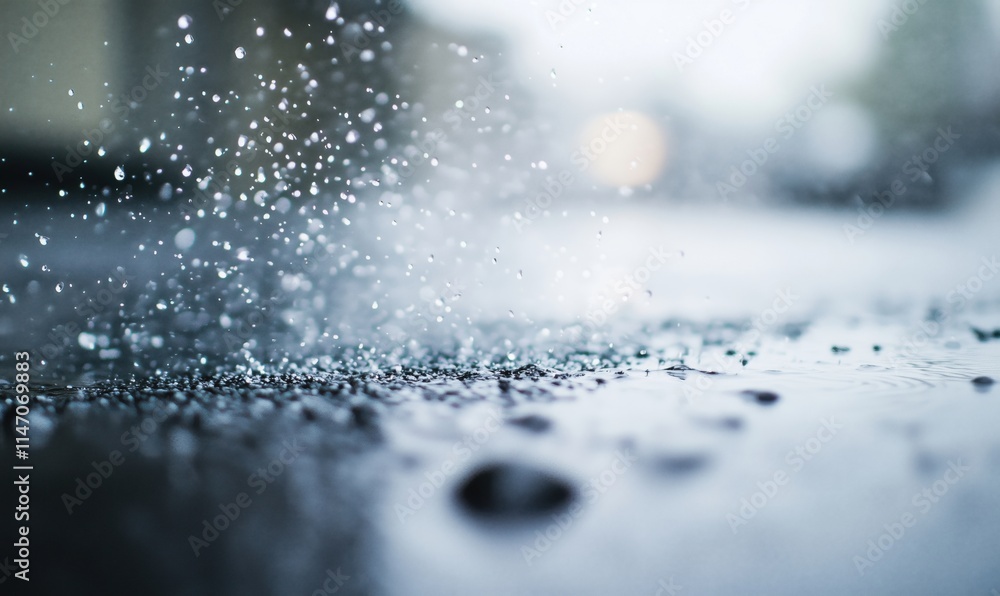 Poster rain droplets splashing on pavement, creating ripples and reflections. soft focus background with bl