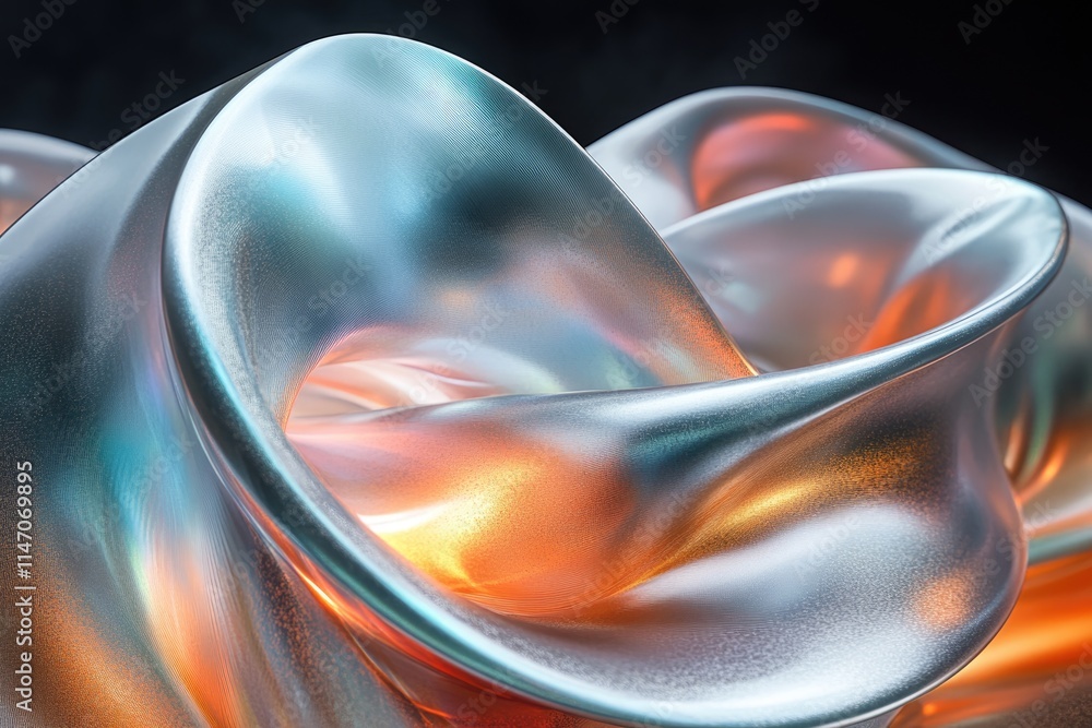 Poster abstract iridescent 3d render of flowing, metallic liquid, creating swirling, dynamic forms with war