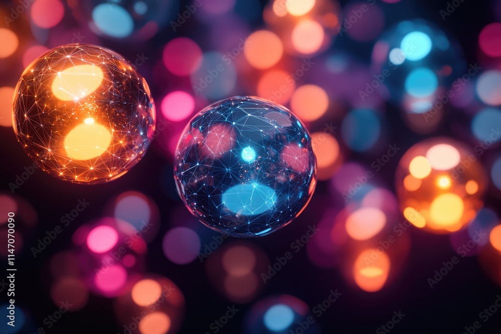 Aufkleber glowing orbs interconnected by lines of light, creating a network of vibrant colors against a blurre