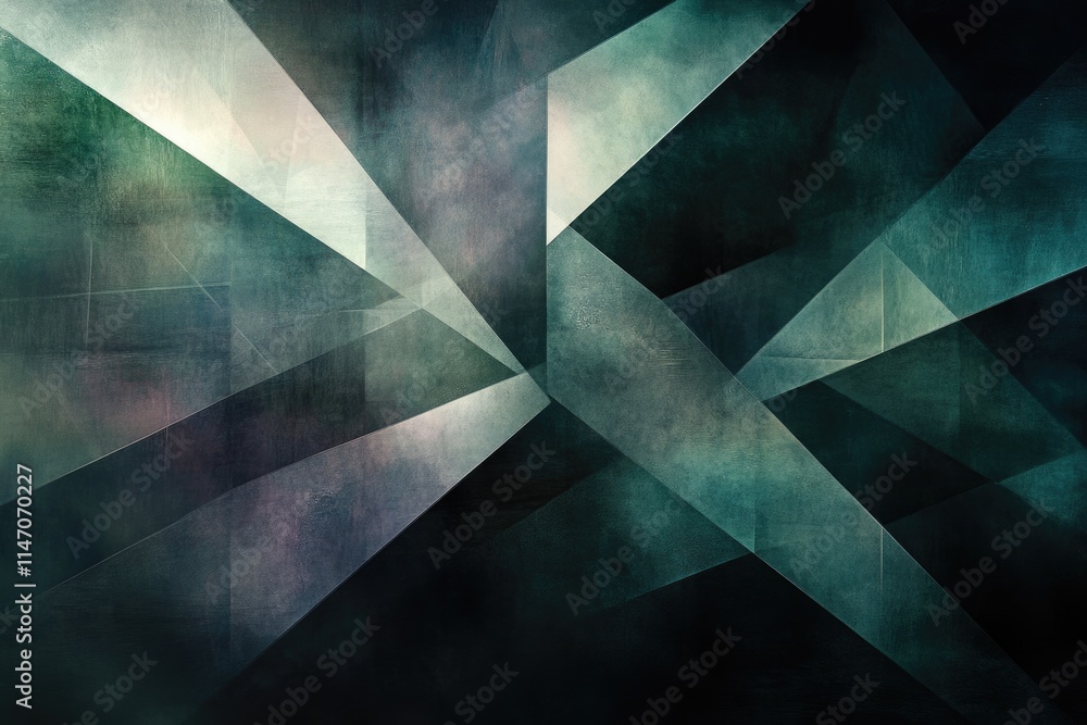 Poster abstract geometric art with dark teal and grey hues, featuring overlapping polygons creating a textu