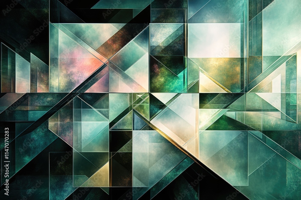 Poster abstract geometric art with overlapping translucent teal, green, and beige shapes creating a complex