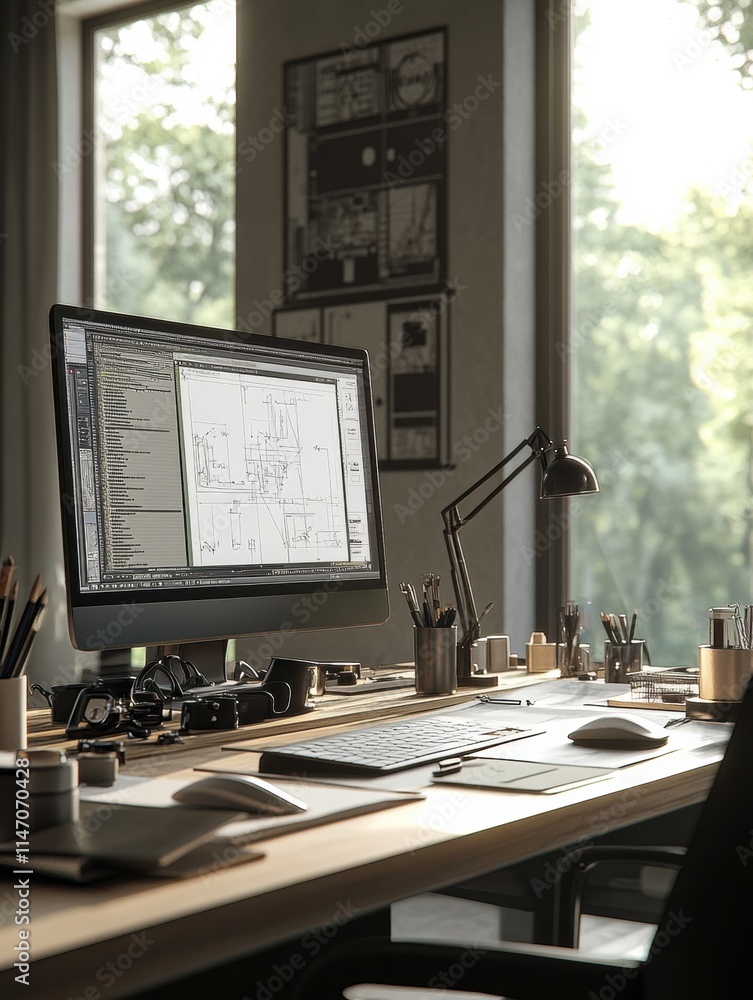 Poster modern engineering desk design with a sleek workspace and natural light enhancing productivity. gene