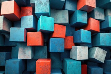 A chaotic arrangement of textured cubes in shades of blue, red, and gray.