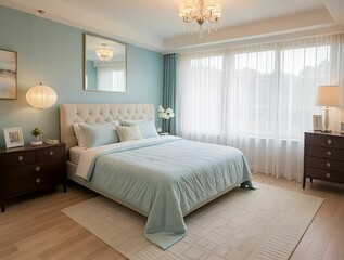 Close-up view of bedroom with bed and chandelier