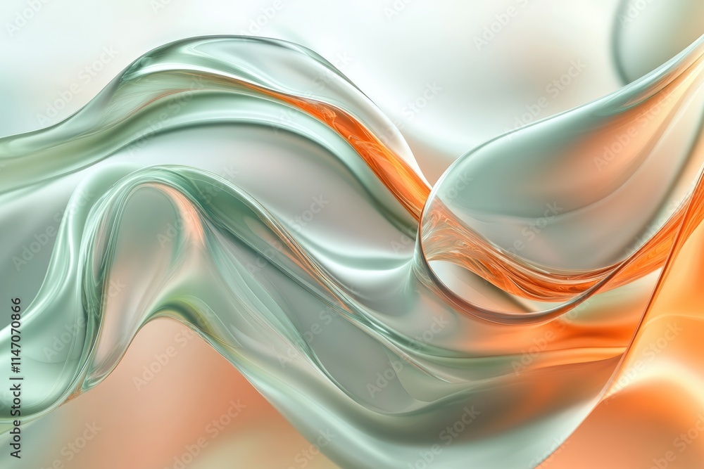 Poster abstract art depicting flowing, translucent teal and orange liquid forms, creating a dynamic and ele
