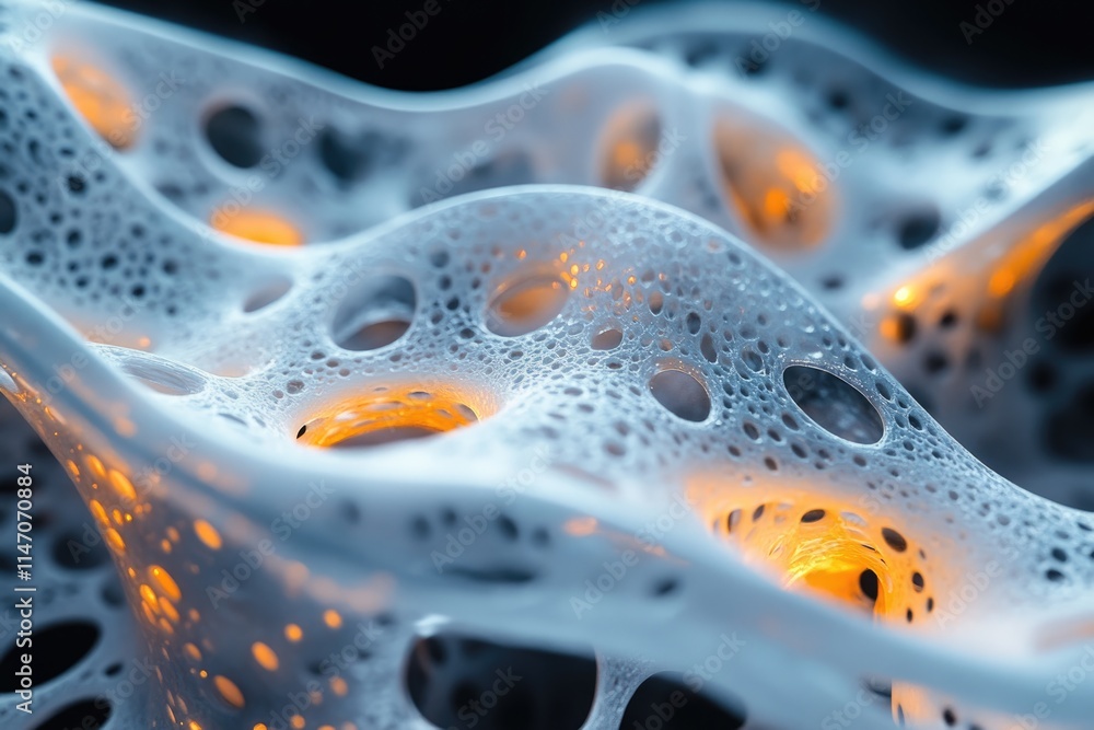 Poster abstract 3d rendering of a porous, wave-like structure with glowing interiors.