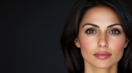 Obraz premium Close-up portrait of a woman with dark hair and brown eyes against a black background.