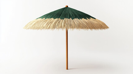 A vividly detailed thatched umbrella with golden and emerald hues, textured straw meticulously arranged, wooden support polished to a deep chestnut finish, floating against a stark white background, h