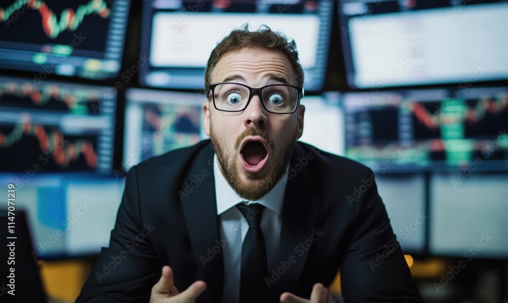 Poster stock trader shocked by market fluctuations, surrounded by multiple screens displaying financial dat