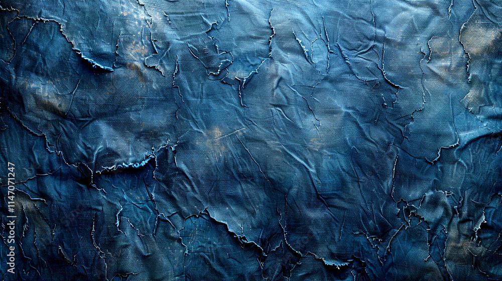 Poster textured layers of deep blue fabric create a layered visual depth