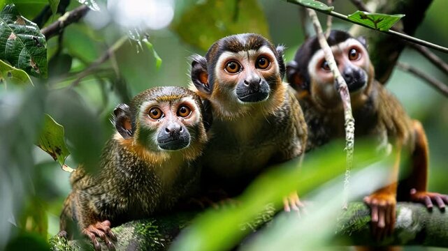 Three humboldt's squirrel monkeys are sitting on a mossy branch in the rainforest, surrounded by lush green leaves, creating a captivating scene of wildlife in their natural habitat