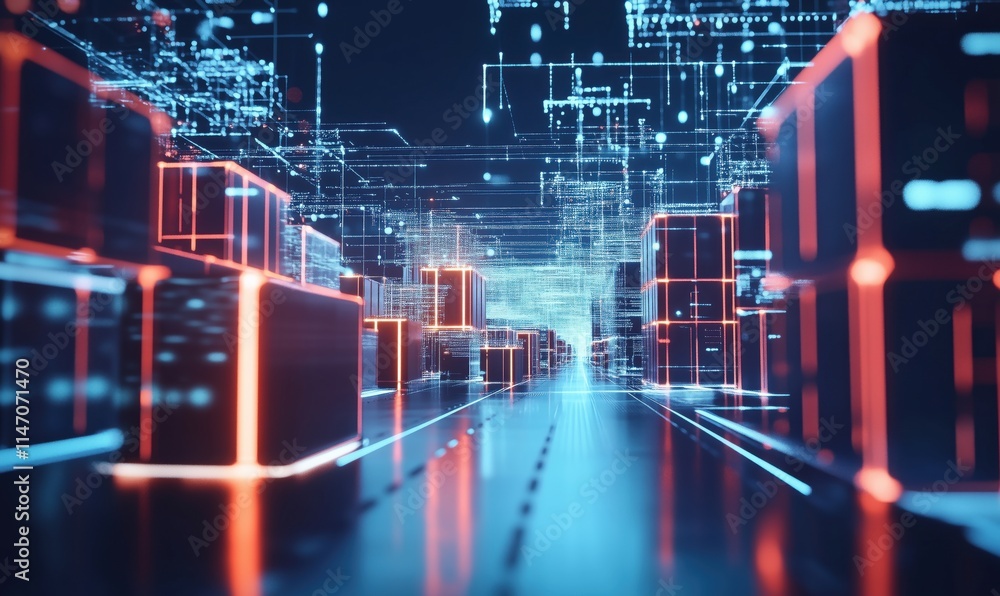 Poster futuristic digital cityscape with glowing neon cubes and data streams, showcasing advanced technolog