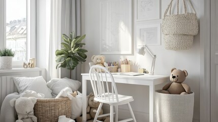 Modern and design scandinavian interior of kidroom with white desk, armachirs, mock up poster frame, natural basket, teddy bear, plush toys and cute children's accessories. 