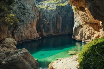 Naklejka premium Serene Mountain Lake Hidden in a Cave