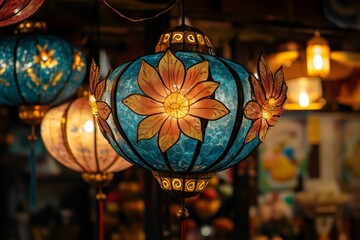 Illuminated lanterns, floral designs, hanging display.